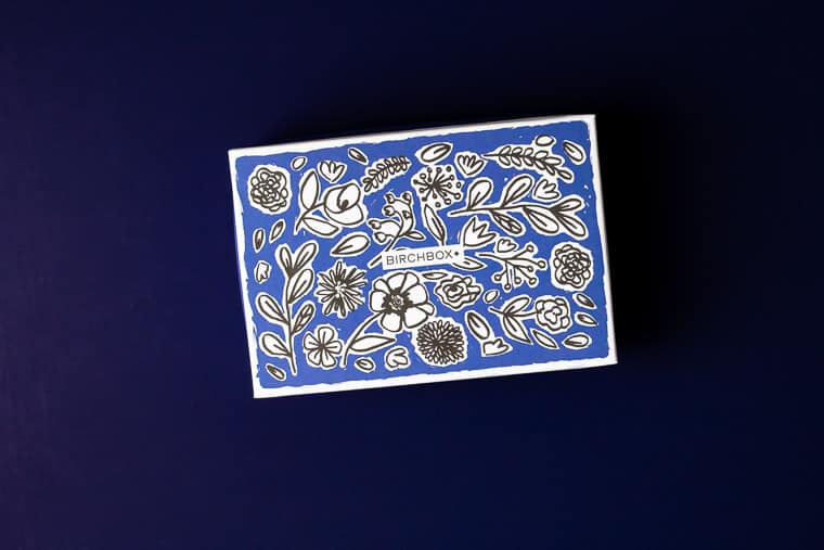 May 2020 Birchbox blue and white floral box on a blue background