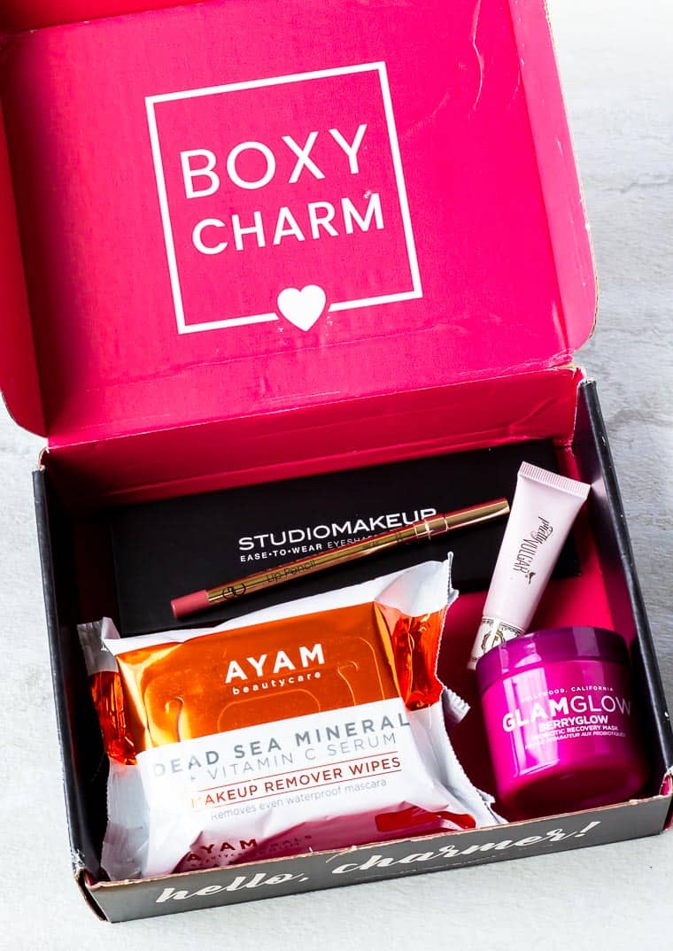 My May 2020 BoxyCharm Box open to show the items inside over a white background
