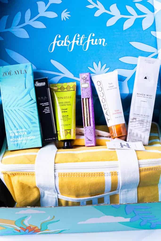 FabFitFun Summer 2020 box with all the contents displayed inside