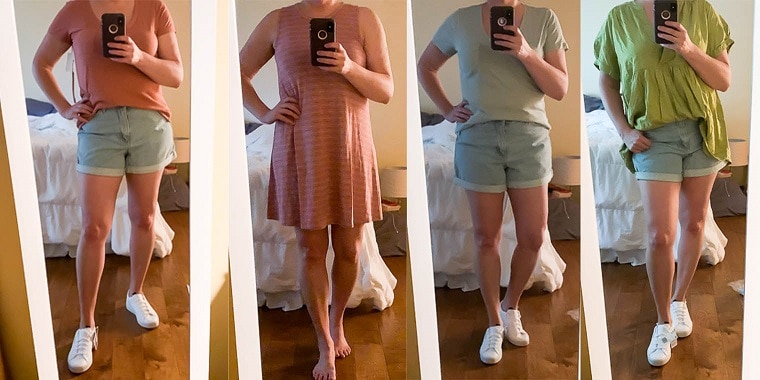 4 different outfits with the items received in my July 2020 Trunk Club box.