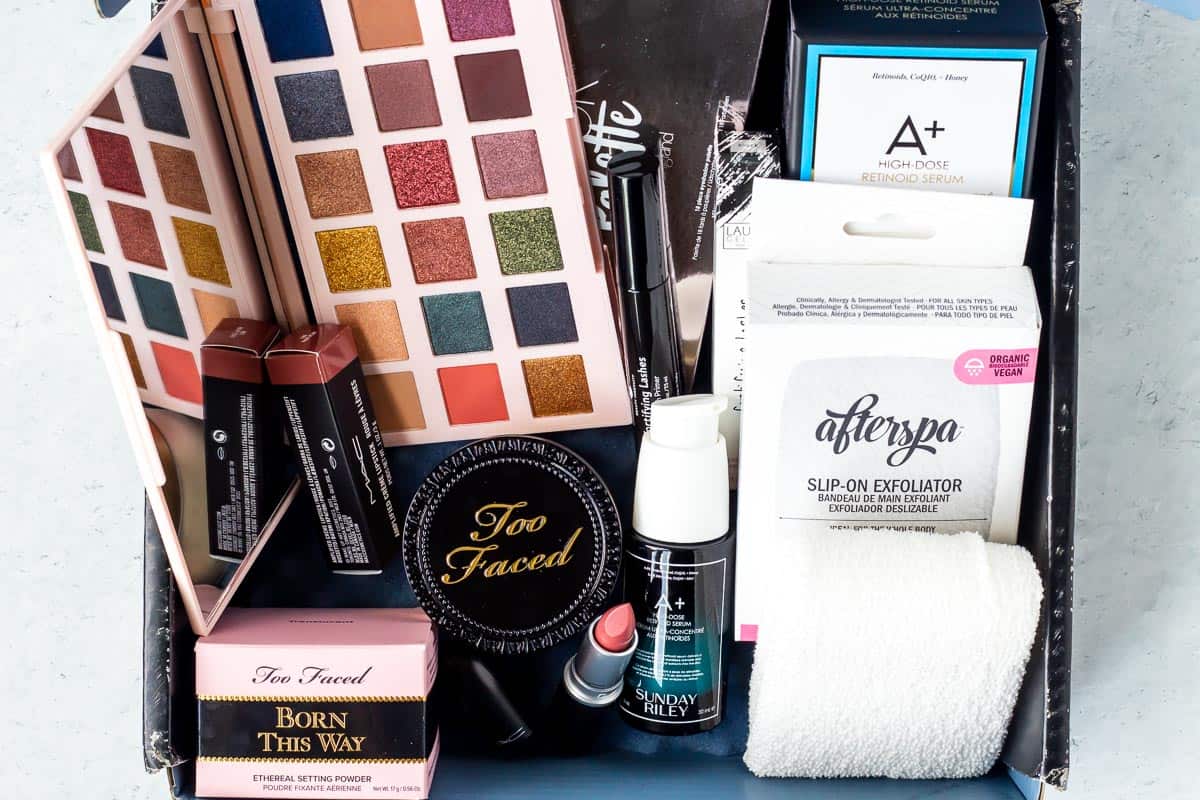 All the items in my August 2020 BoxyCharm Premium box displayed inside of the box