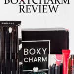 August 2020 Boxycharm Box with items displayed around it and text overlay