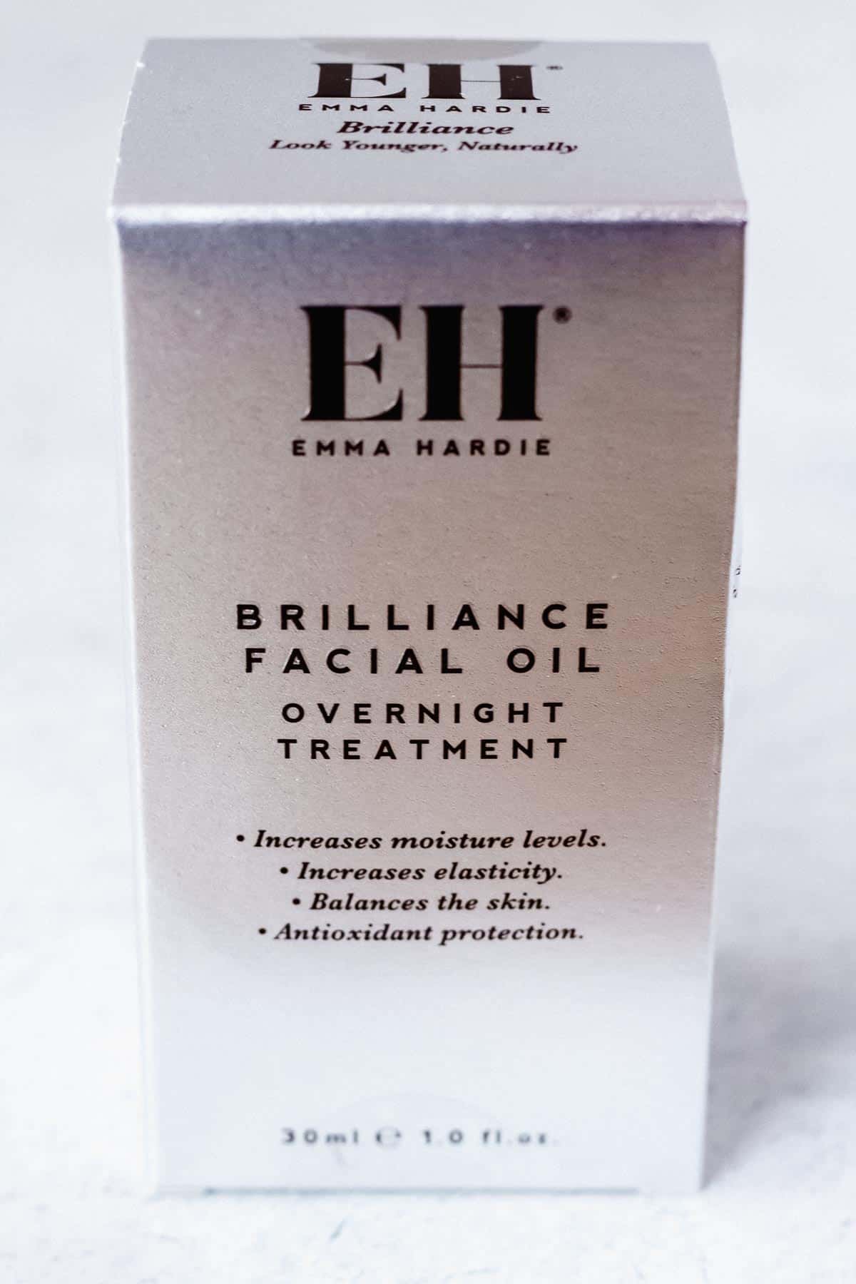 Emma Hardie Brilliance Facial Oil Overnight Treatment in a box on a white background