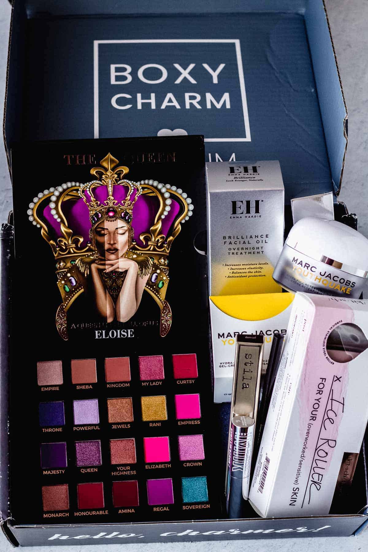 All of the items in my September 2020 Boxycharm Premium box displayed inside of the box