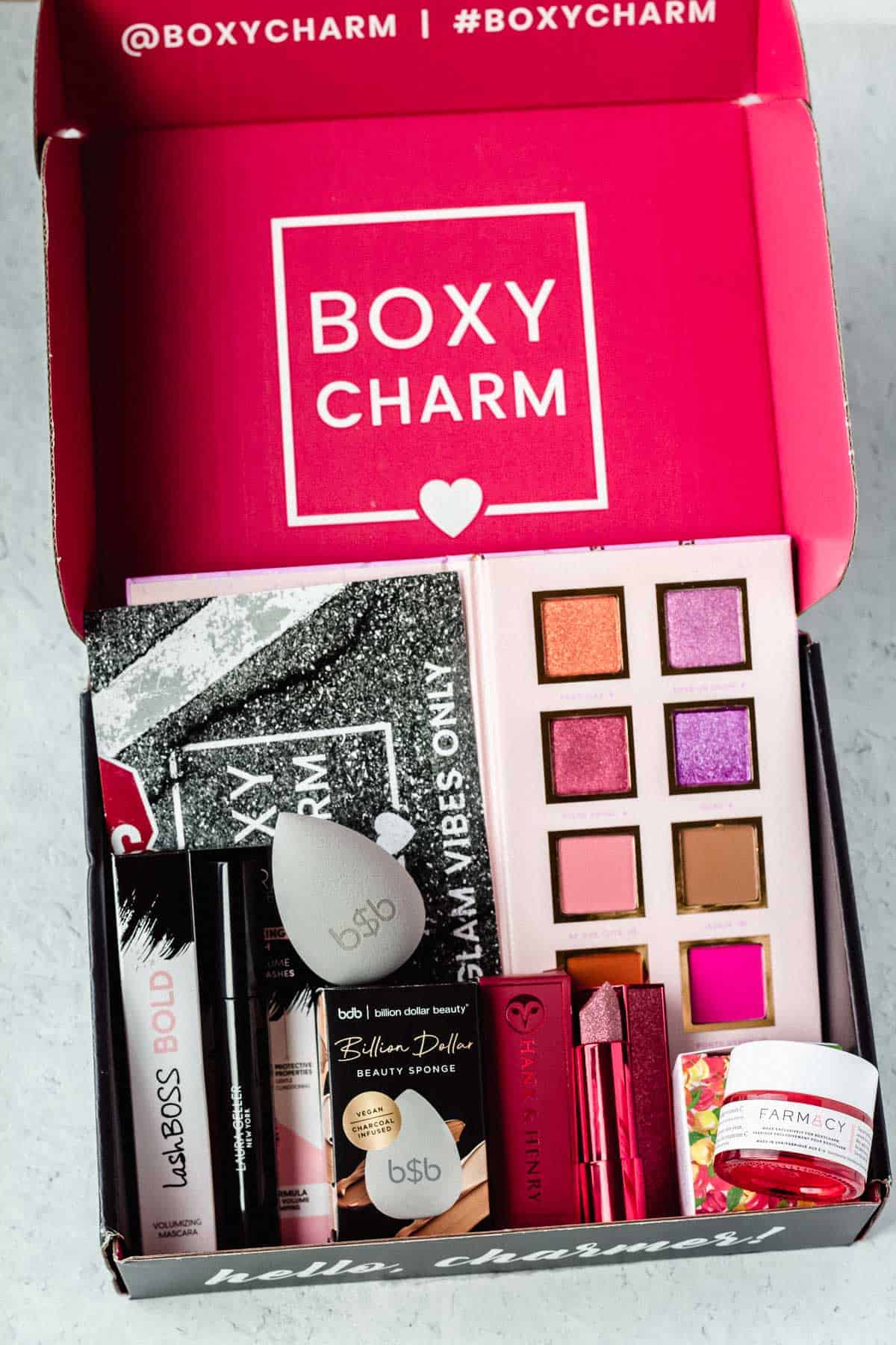 September 2020 Boxycharm base box opened with items displayed inside