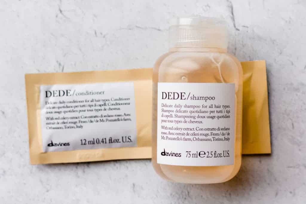Davines Dede Shampoo and Conditioner samples on a white background