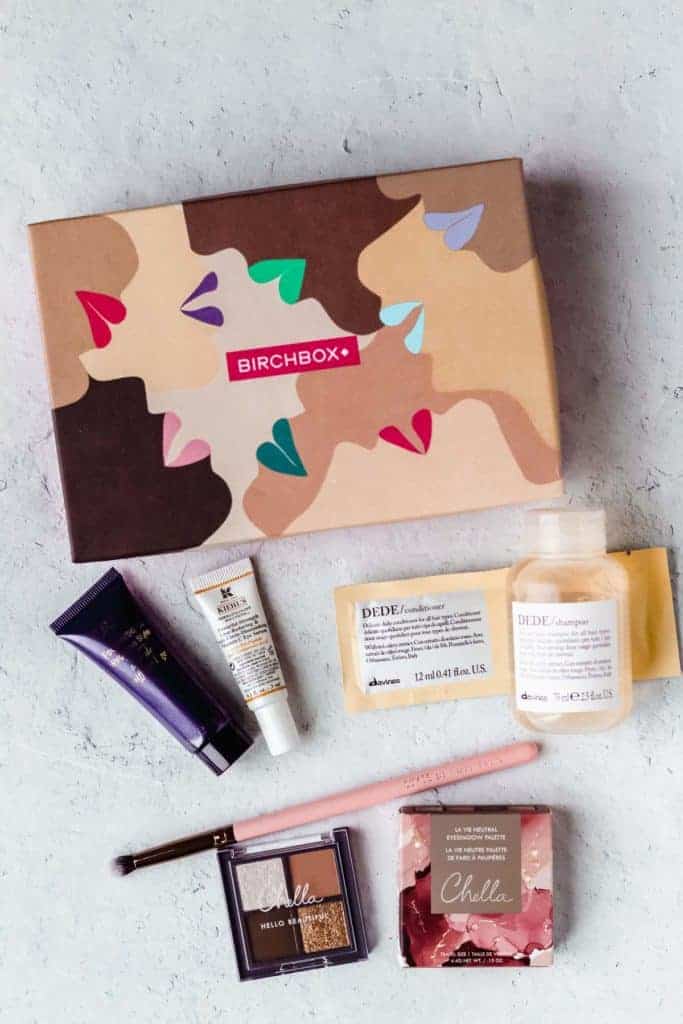 October 2020 Birchbox box and sample items all around it on a white background