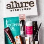 Beauty products in a white box with text overlay