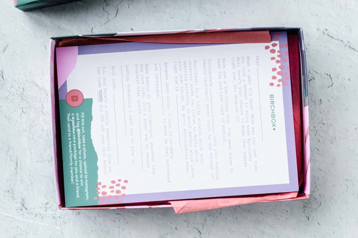Opened birchbox with the insert card on top