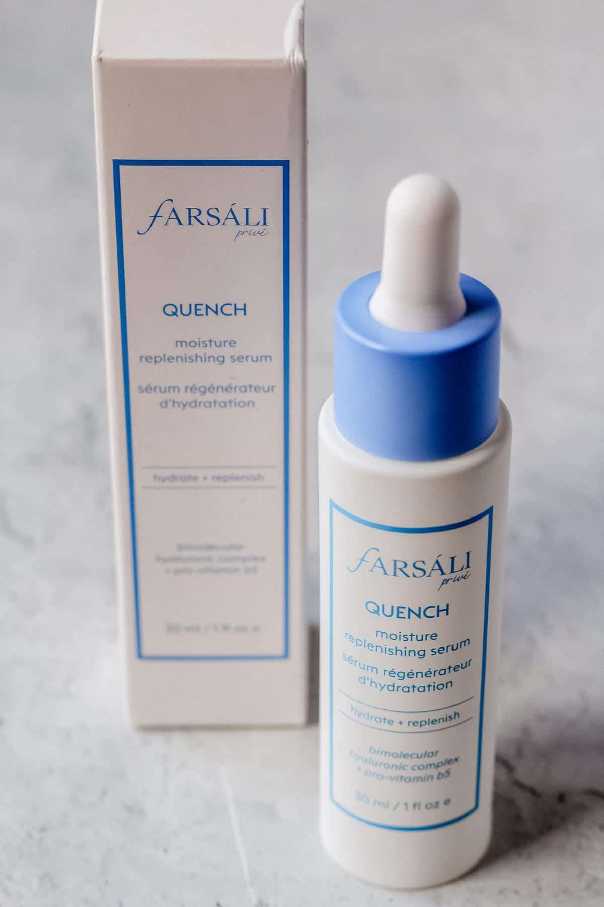 Farsali Prive Quench Moisture Replenishing Serum and it's box on a white background