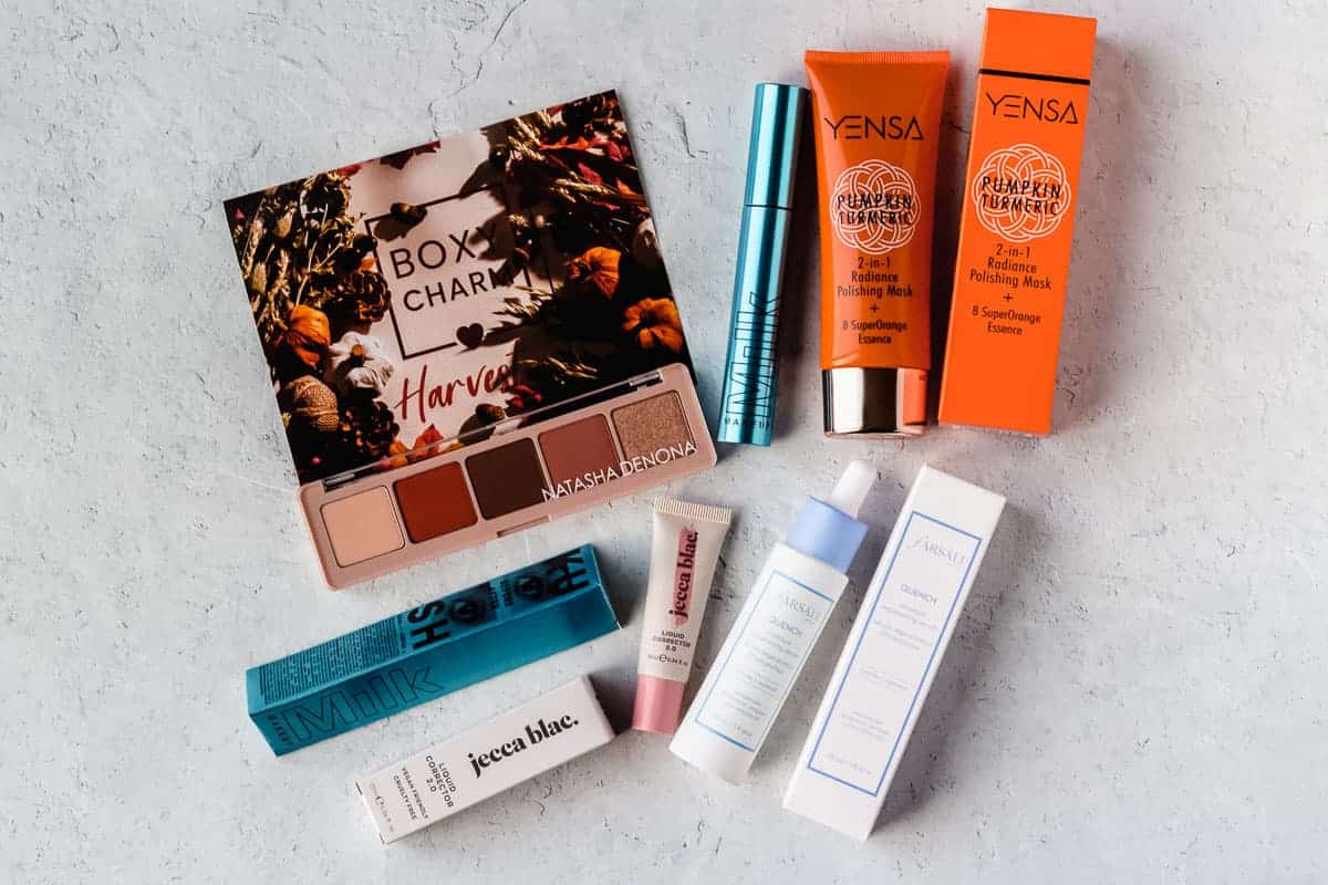 All of the items from my November 2020 Boxycharm box laid out on a white background