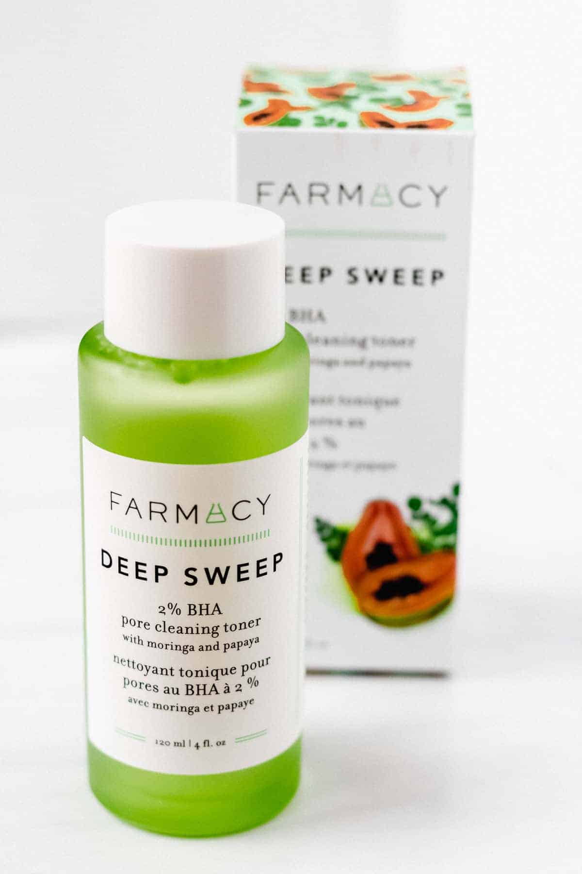 Farmacy Deep Sweep 2% BHA Pore Cleaning Toner bottle and box on a white backdrop