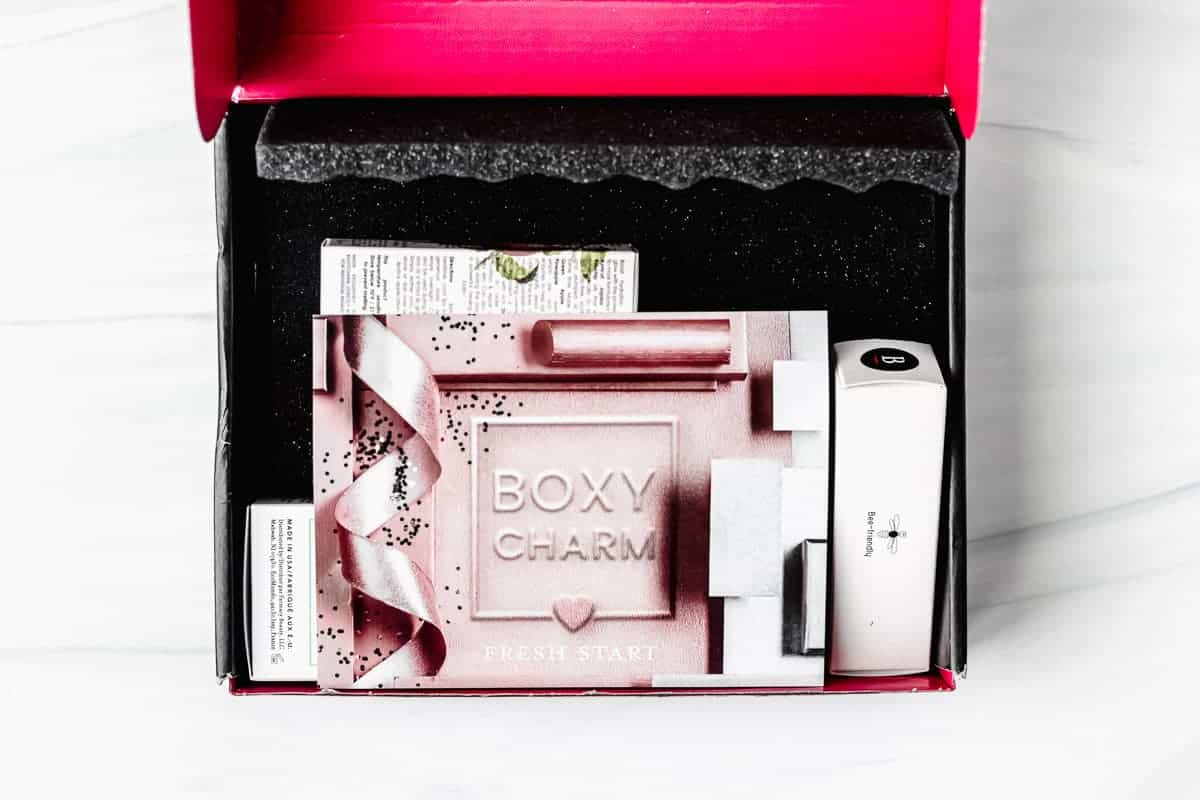 January 2021 boxycharm base box opened with the insert card on top