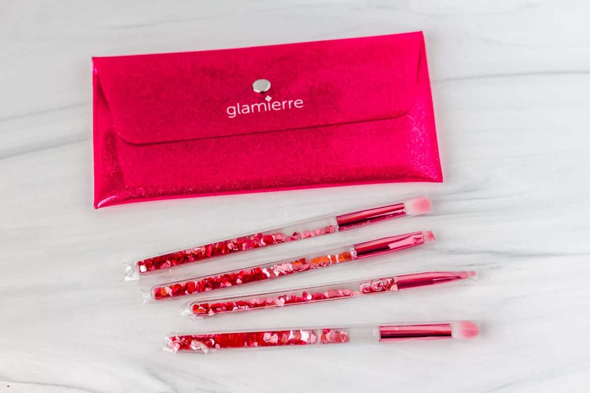 Glamierre Pink Luxe Glitter Eye Brush Collection with case on a white background