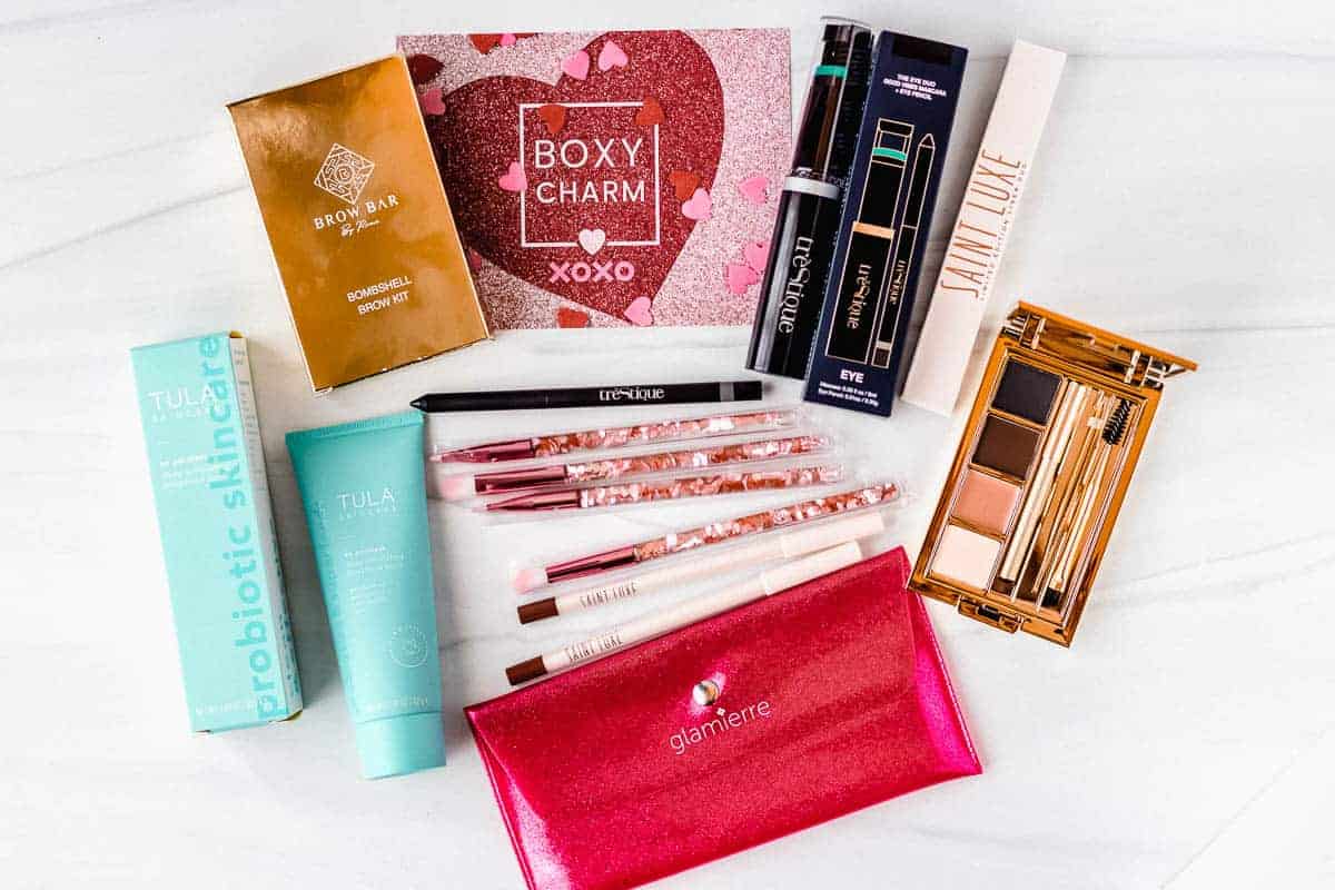 Al of the products from the february 2021 boxycharm base box on a white background