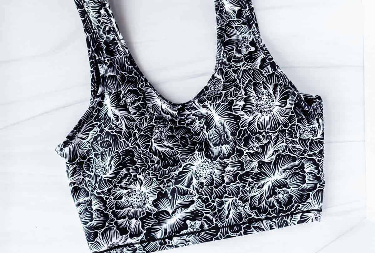 Marika Layla Sports Bra with black and white floral print on a white background