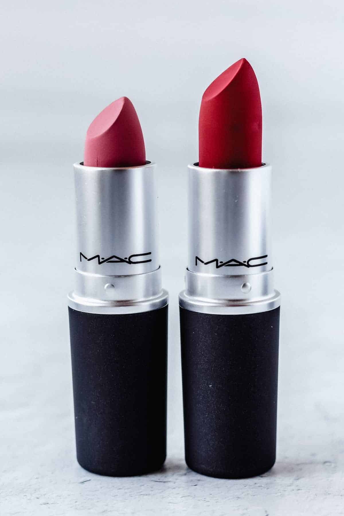 MAC Cosmetics Powder Kiss Lipstick Duo in werk, werk, werk and reverence opened with a white background