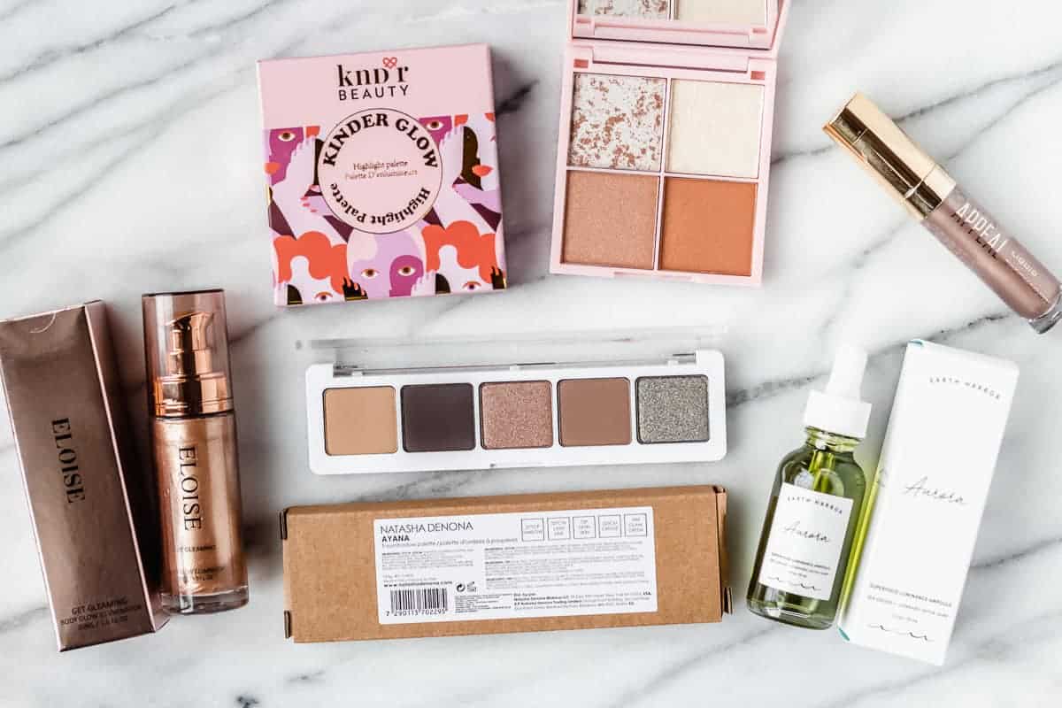 All of the beauty products that I got in my april 2021 boxycharm base box laid out