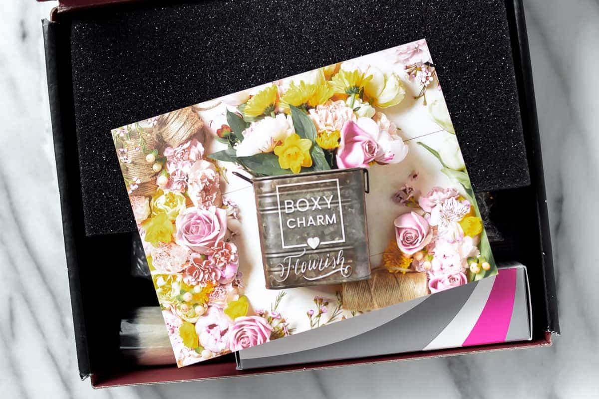May 2021 boxycharm box opened with the insert card on top