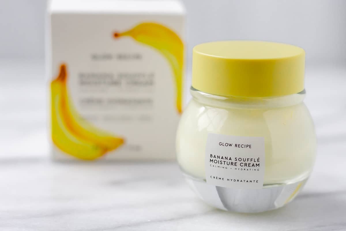 Glow Recipe Banana Souffle Moisture Cream jar and box on a gray background
