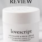 Lovescript neck cream with text overlay