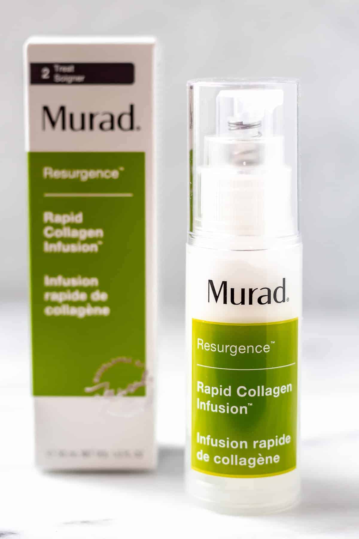 Murad Rapid Collagen Infusion tube and box on a gray background