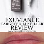 exuviance targeted lip filler and before and after pictures with text overlay