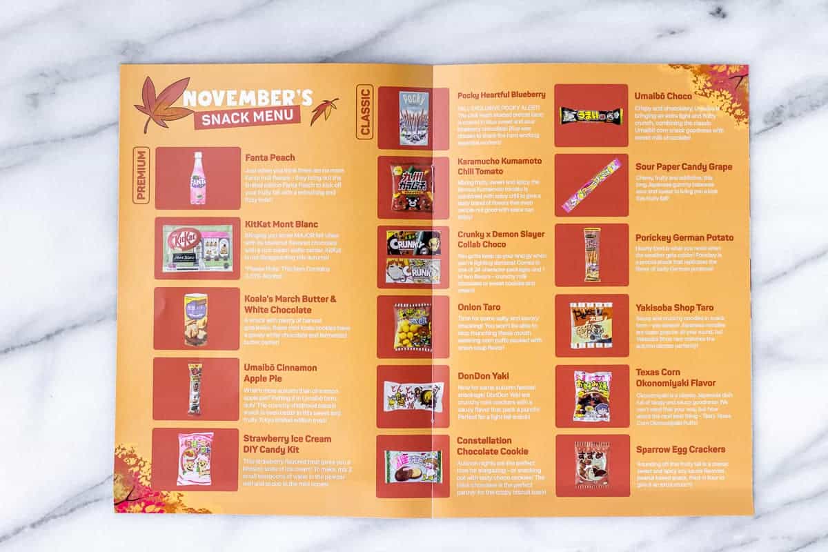 TokyoTreat pamphlet opened on a marble background.