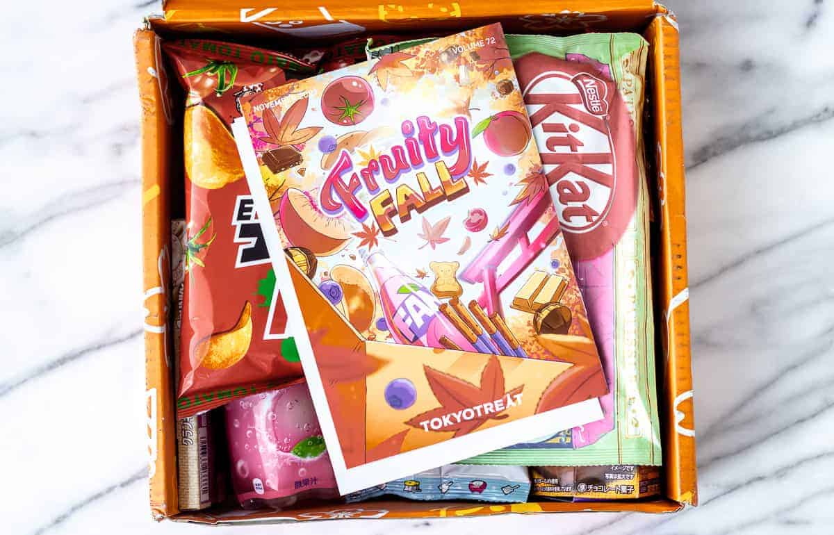 Opened November 2021 TokyoTreat box with the pamphlet on top of the snacks inside.