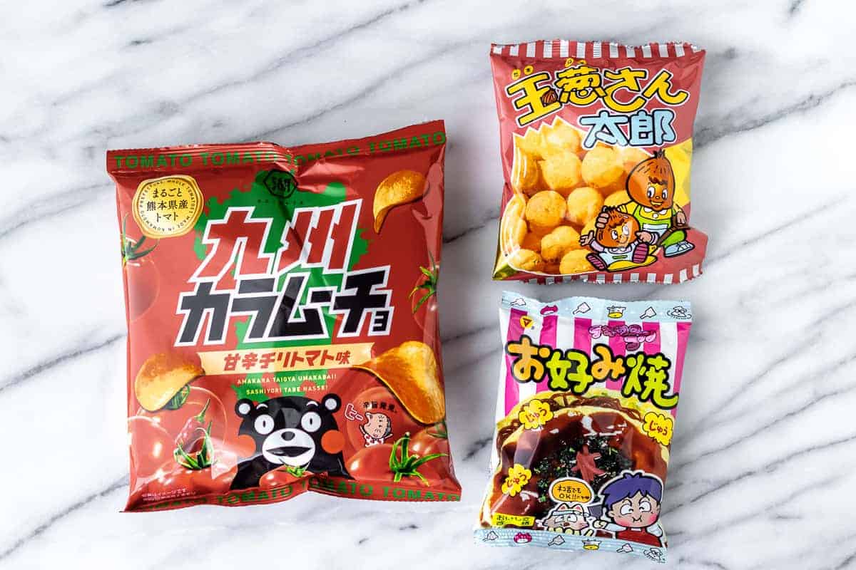 3 Japanese snacks on a marble background.