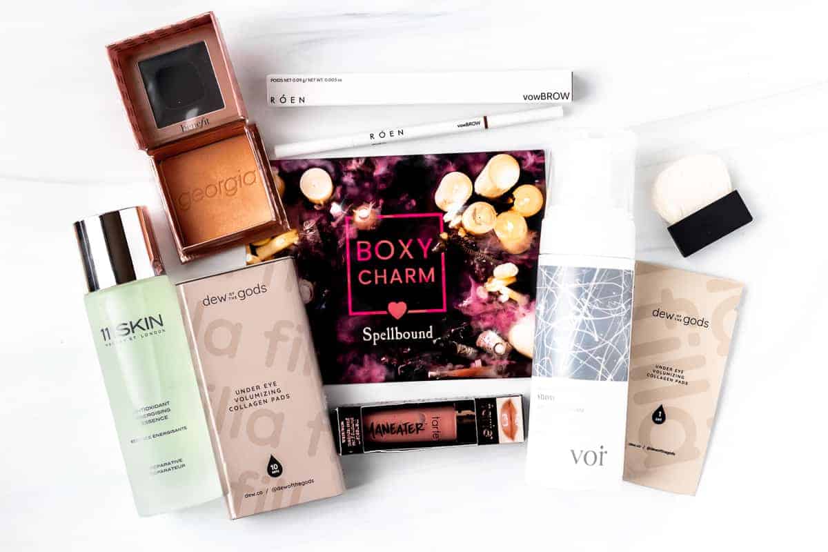 All of the items from my October 2021 boxycharm premium box laid out on a white background.