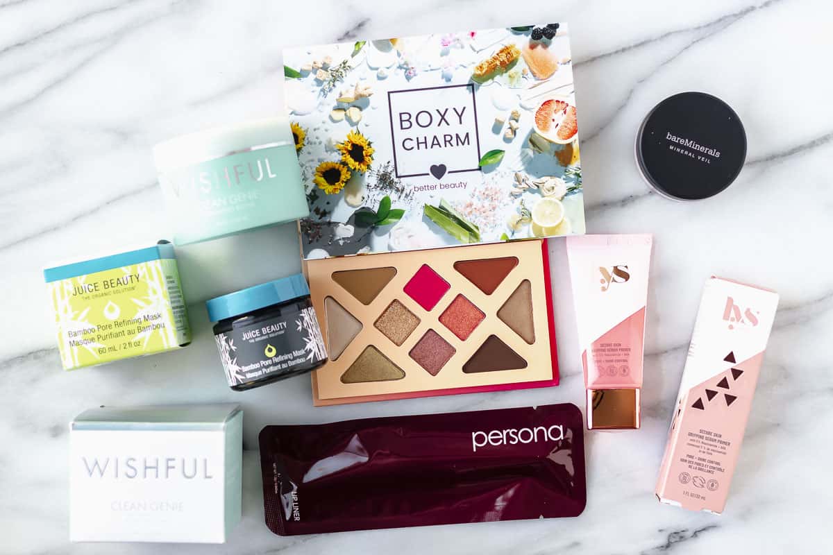 All of the items from my January 2020 boxycharm box on a white background.