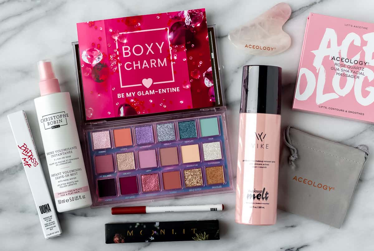 February 2022 Boxycharm premium items laid out on a marble background.