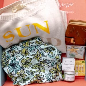 All of the items I received in my fall 2023 Beachly subscription box inside of the box.