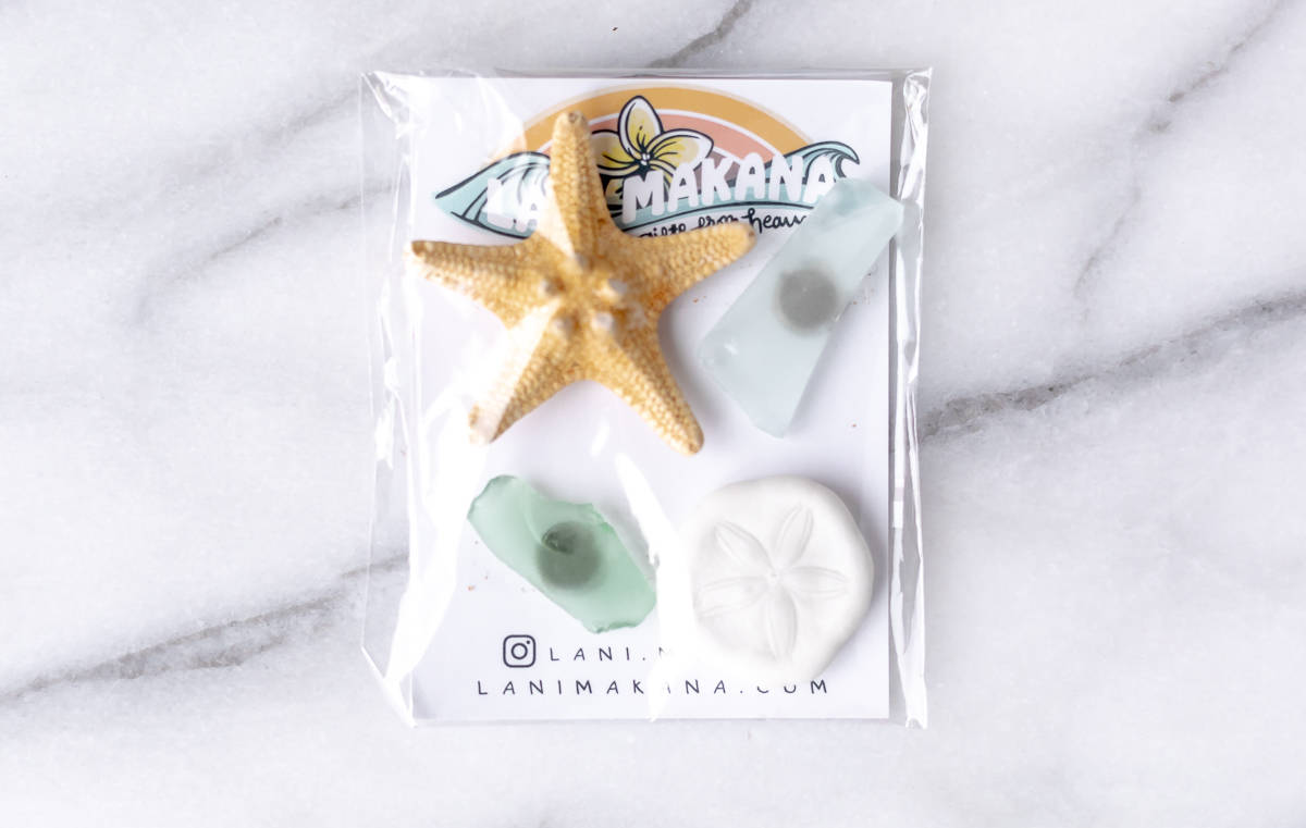 Beach Treasures Magnet Set by Lani Makana in packaging on a marble background.